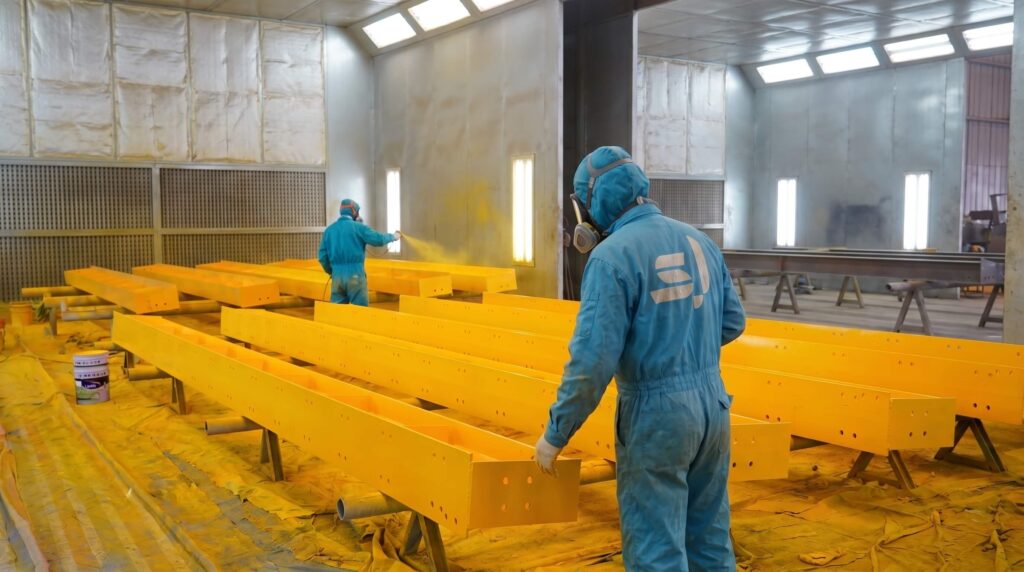 Two workers are spray-painting H-section steel columns inside a steel structure painting workshop.