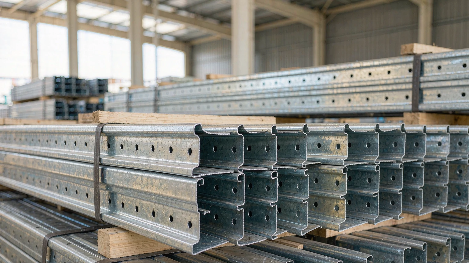 Bundled cold-formed C and Z purlins in 2-3 mm gauge, AZ150 coated, web-punched and steel-strapped on dunnage