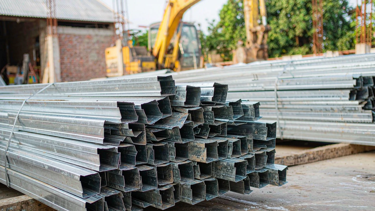 Bundled cold-formed galvanized steel C-profile studs and U-tracks on a construction site
