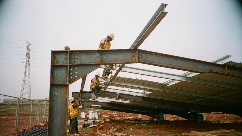 Steel portal frame under erection in Indonesia with H-section columns and cold-formed purlins