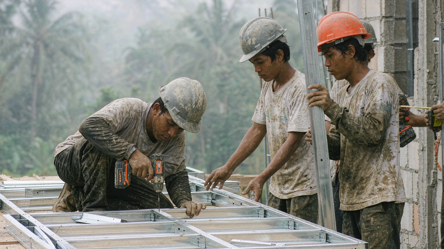 Workers assembling a light-gauge steel wall panel frame on a plywood jig
