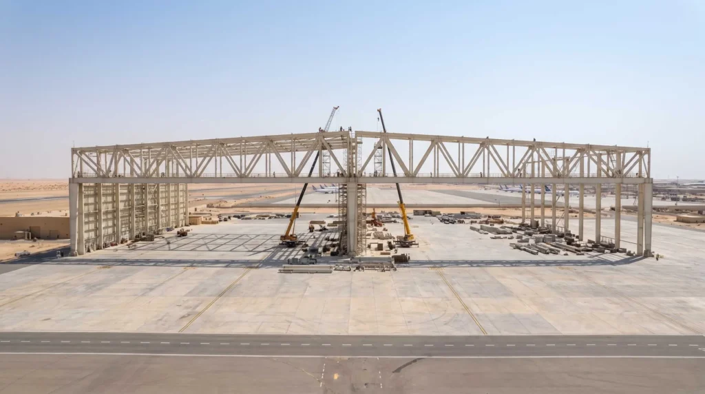 135m Total Frontage Dual-Bay Wide-Body Aviation Maintenance Hangar in Riyadh, Saudi Arabia: Precision Deflection Control on Center-Post Girders, Desert Thermal Stress Relief, and Fast-Track Turnkey Erection