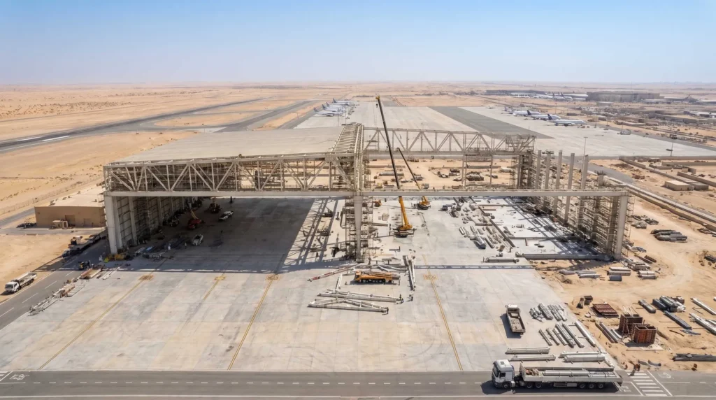 135m Total Frontage Dual-Bay Wide-Body Aviation Maintenance Hangar in Riyadh, Saudi Arabia: Precision Deflection Control on Center-Post Girders, Desert Thermal Stress Relief, and Fast-Track Turnkey Erection