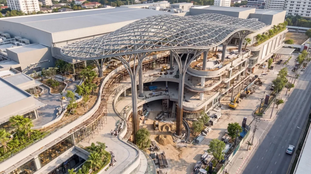 28,000 sqm Freeform Architectural Steel Atrium Canopy in Thailand: Parametric Tree-Column Engineering and Zero-Tolerance Glass Integration