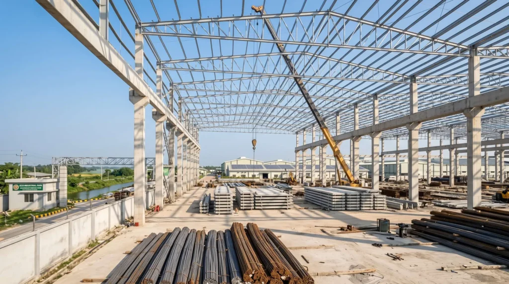 85,000 sqm LEED-Platinum Textile & Garment Hub in Bangladesh EPZ: RSC Accord Fire-Safety Compliance, Zero-Ponding Sawtooth Roofs, and Fast-Track Pre-Monsoon Turnkey Erection