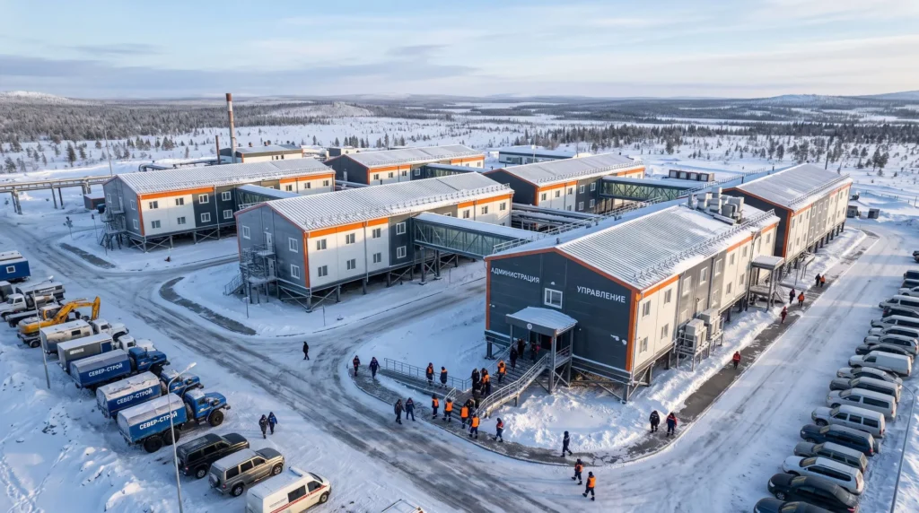 22,000 sqm Modular Steel Administrative Hub in Sub-Arctic Russia: Permafrost Foundation Stilts, Heated Skybridge Network, and -50°C Turnkey Handover