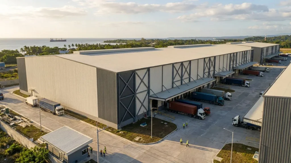 58,000 sqm Category-5 Typhoon-Resistant Logistics Hub in the Philippines: 280 km/h Wind-Uplift Engineering and Zero-Leakage Monsoon Proofing