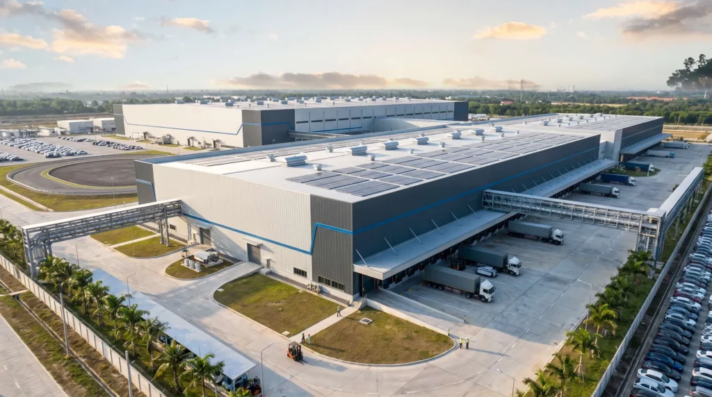 120,000 sqm Modern EV Assembly & Battery Gigafactory in Thailand: Long-Span Conveyor Skybridge Integration, Full-Roof Photovoltaic Loading, and Turnkey SOP Erection
