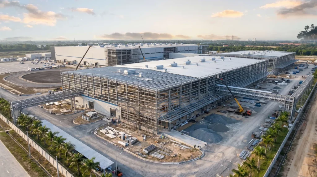 120,000 sqm Modern EV Assembly & Battery Gigafactory in Thailand: Long-Span Conveyor Skybridge Integration, Full-Roof Photovoltaic Loading, and Turnkey SOP Erection