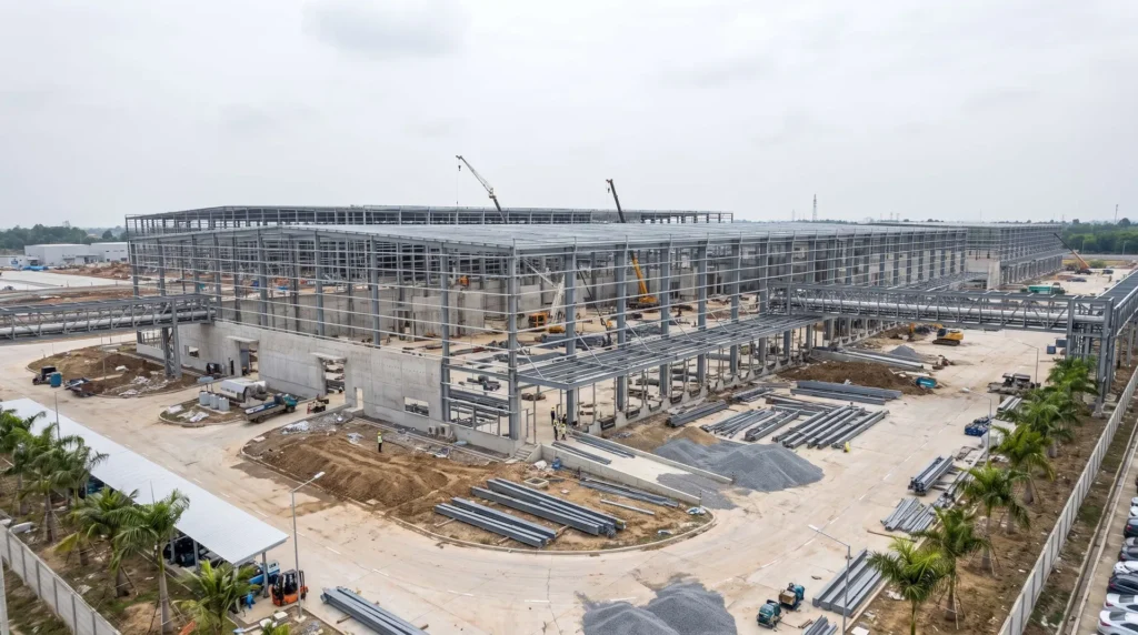 120,000 sqm Modern EV Assembly & Battery Gigafactory in Thailand: Long-Span Conveyor Skybridge Integration, Full-Roof Photovoltaic Loading, and Turnkey SOP Erection