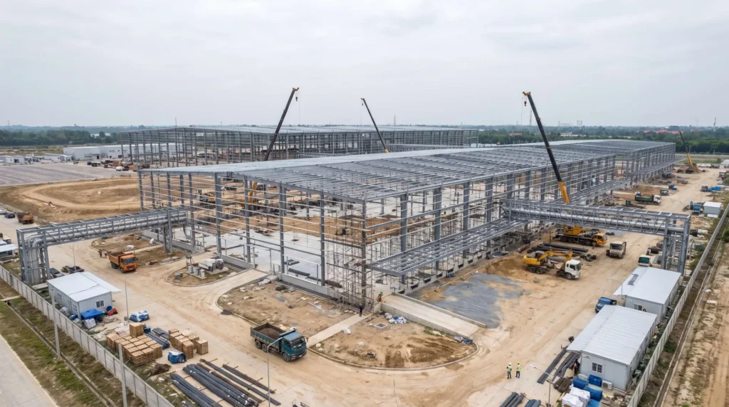 120,000 sqm Modern EV Assembly & Battery Gigafactory in Thailand: Long-Span Conveyor Skybridge Integration, Full-Roof Photovoltaic Loading, and Turnkey SOP Erection