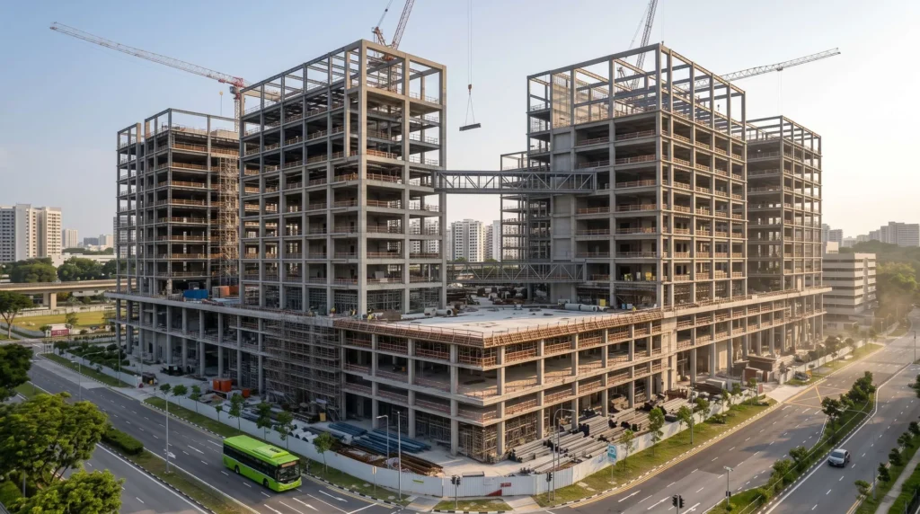 120,000 sqm Multi-Tower High-Rise Commercial Hub in Singapore: Sub-Millimeter Core Alignment & Skybridge Precision Under Strict BCA Standards