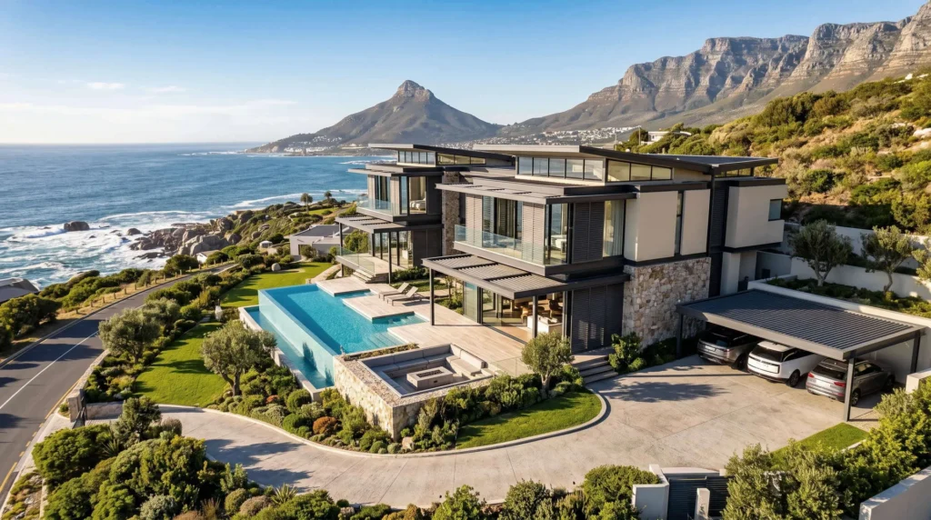 1,280 sqm Modern Coastal Luxury Prefab Steel Villa in Cape Town: Atlantic C5-M Anti-Corrosion, 140 km/h Gale Wind Rigidity, and Turnkey Delivery