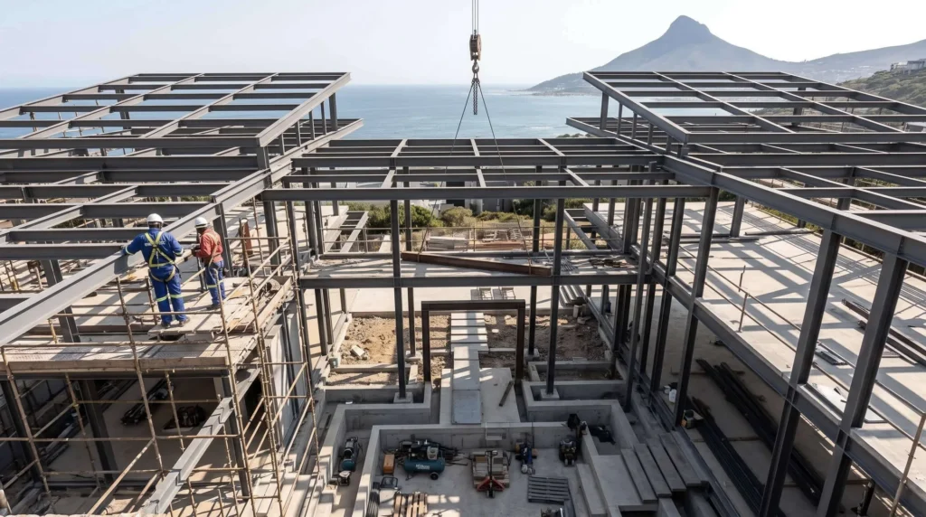 1,280 sqm Modern Coastal Luxury Prefab Steel Villa in Cape Town: Atlantic C5-M Anti-Corrosion, 140 km/h Gale Wind Rigidity, and Turnkey Delivery