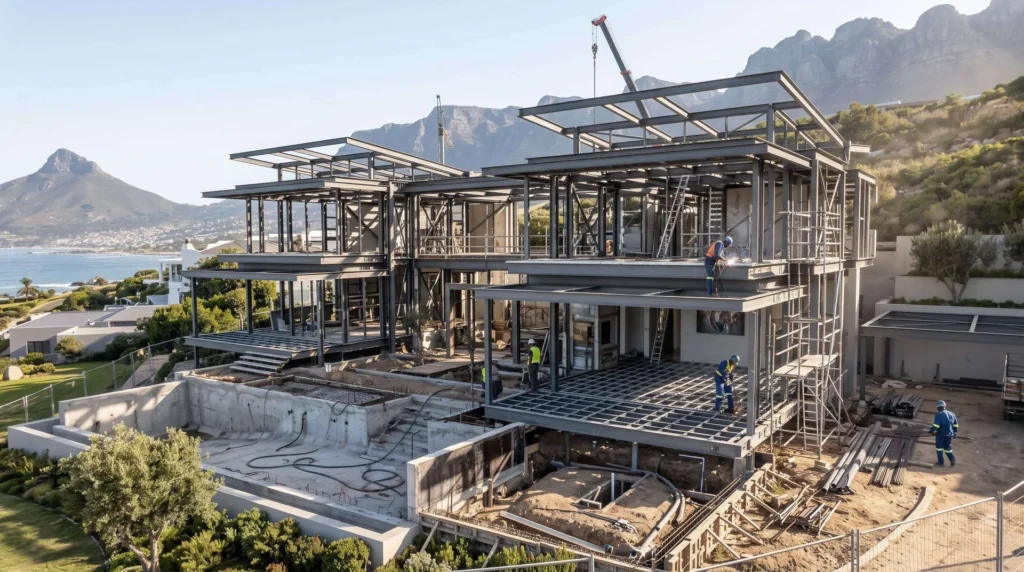 1,280 sqm Modern Coastal Luxury Prefab Steel Villa in Cape Town: Atlantic C5-M Anti-Corrosion, 140 km/h Gale Wind Rigidity, and Turnkey Delivery