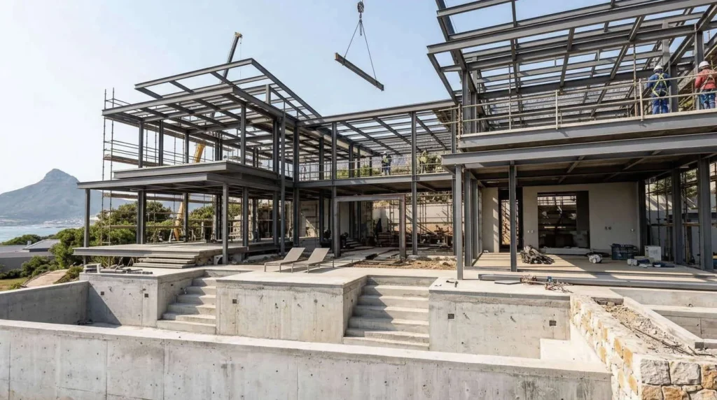1,280 sqm Modern Coastal Luxury Prefab Steel Villa in Cape Town: Atlantic C5-M Anti-Corrosion, 140 km/h Gale Wind Rigidity, and Turnkey Delivery