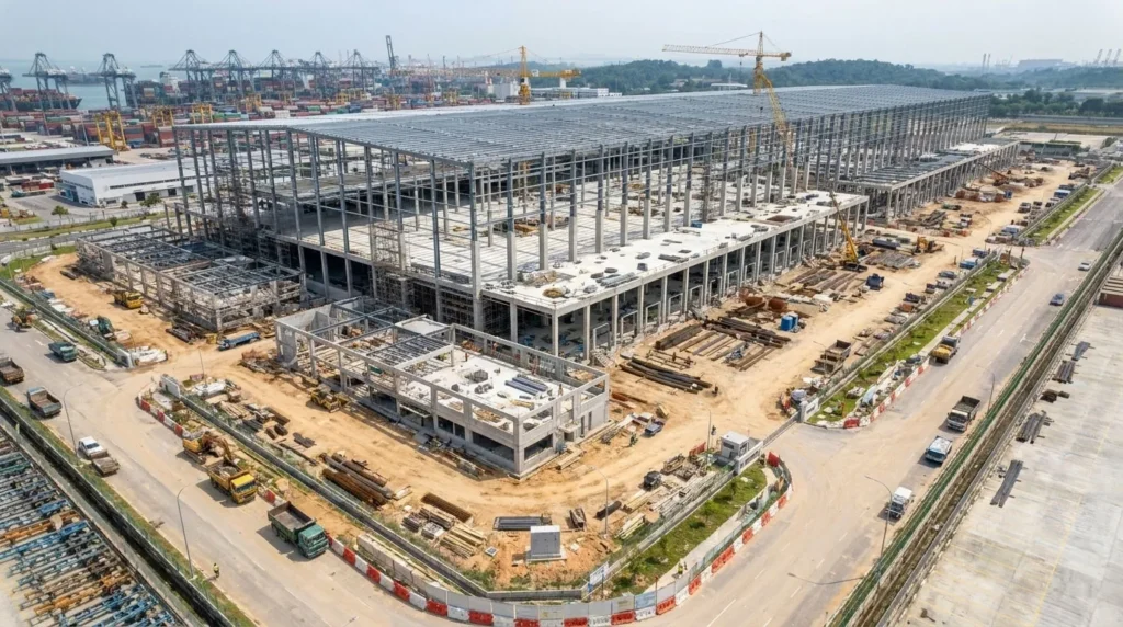 40m Monolithic Rack-Supported ASRS Hub in Singapore: Sub-Millimeter Stacker Rail Plumbness and Fast-Track BCA-Compliant Turnkey Erection