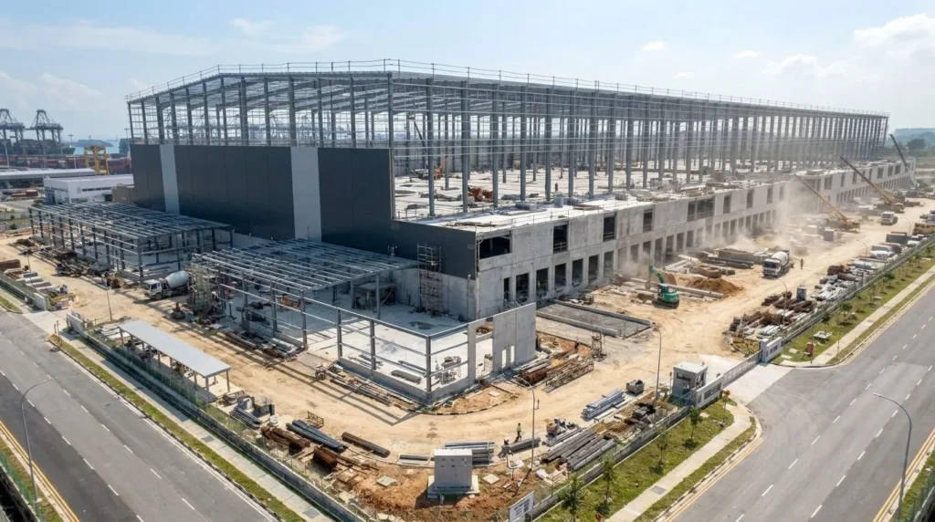 40m Monolithic Rack-Supported ASRS Hub in Singapore: Sub-Millimeter Stacker Rail Plumbness and Fast-Track BCA-Compliant Turnkey Erection