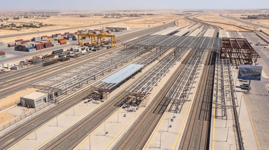 68,000 sqm Multi-Span Modular Structural Steel Platform Canopies for Intermodal Railway Transit Hub in Egypt