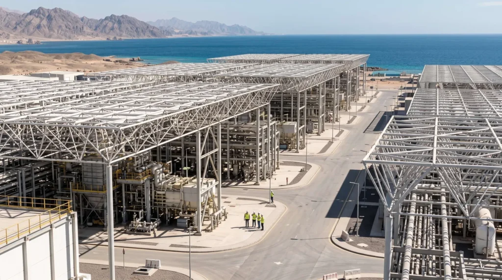 95,000 sqm Desalination Plant Space Frame in Saudi Arabia: Marine C5-M Corrosion Resistance and Large-Span Equipment Shading