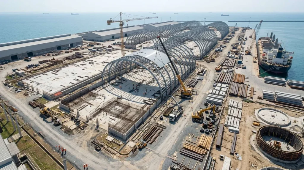 80m Clear-Span Arch Vault Bulk Sheds at Indonesian Deep-Water Port: Defying Marine Salt-Spray Corrosion and Wet-Season Demurrage Deadlines