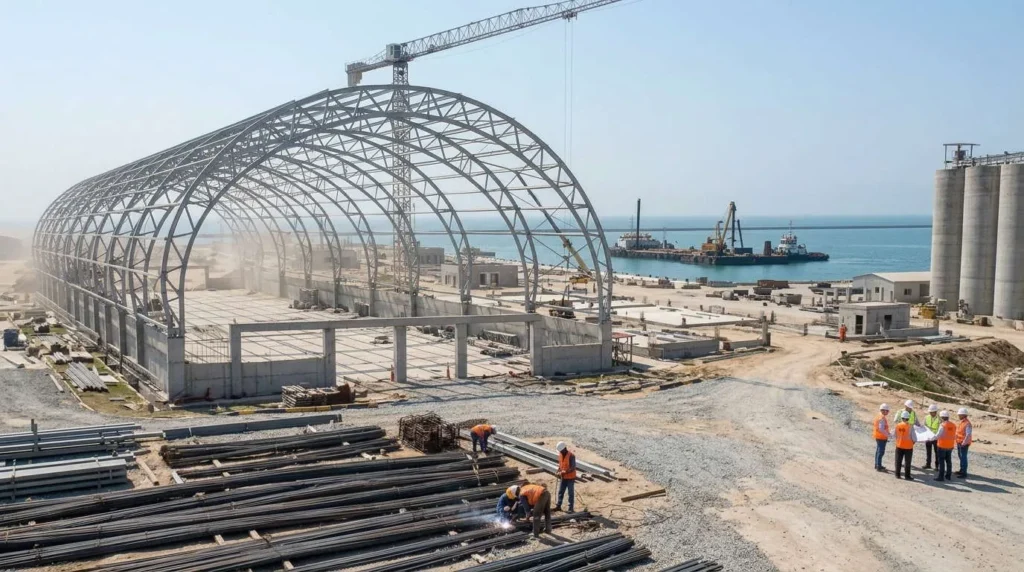 80m Clear-Span Arch Vault Bulk Sheds at Indonesian Deep-Water Port: Defying Marine Salt-Spray Corrosion and Wet-Season Demurrage Deadlines
