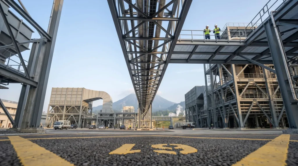 55-Meter Heavy Industrial Boiler Steel Structure in Indonesia: Seismic Ring-of-Fire Rigidity, Geothermal H2S Anti-Corrosion, and Turnkey COD Delivery