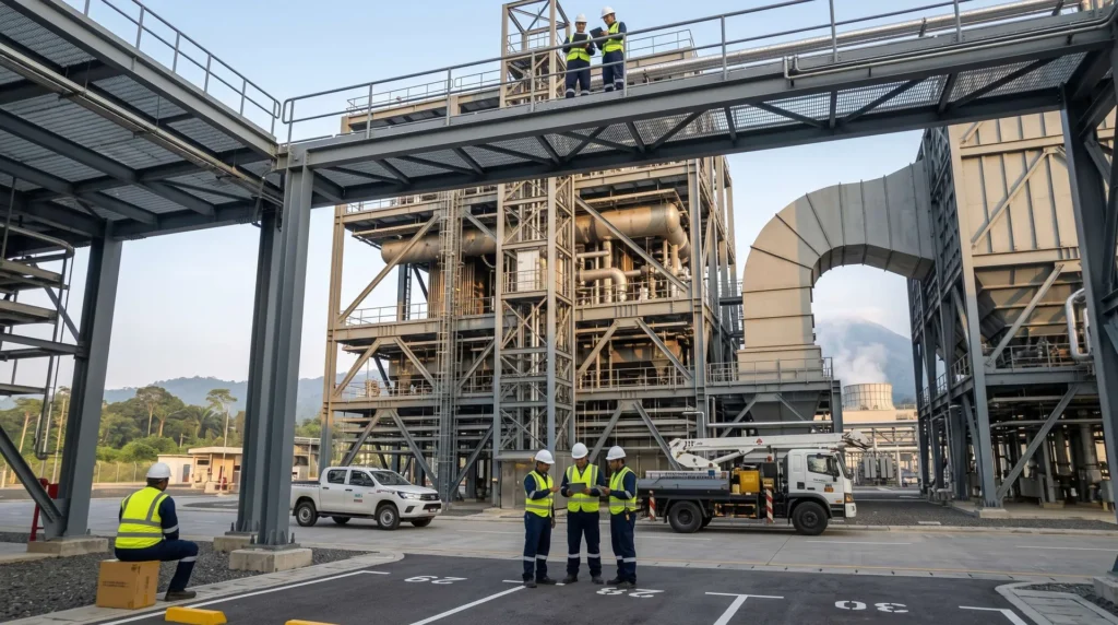 55-Meter Heavy Industrial Boiler Steel Structure in Indonesia: Seismic Ring-of-Fire Rigidity, Geothermal H2S Anti-Corrosion, and Turnkey COD Delivery