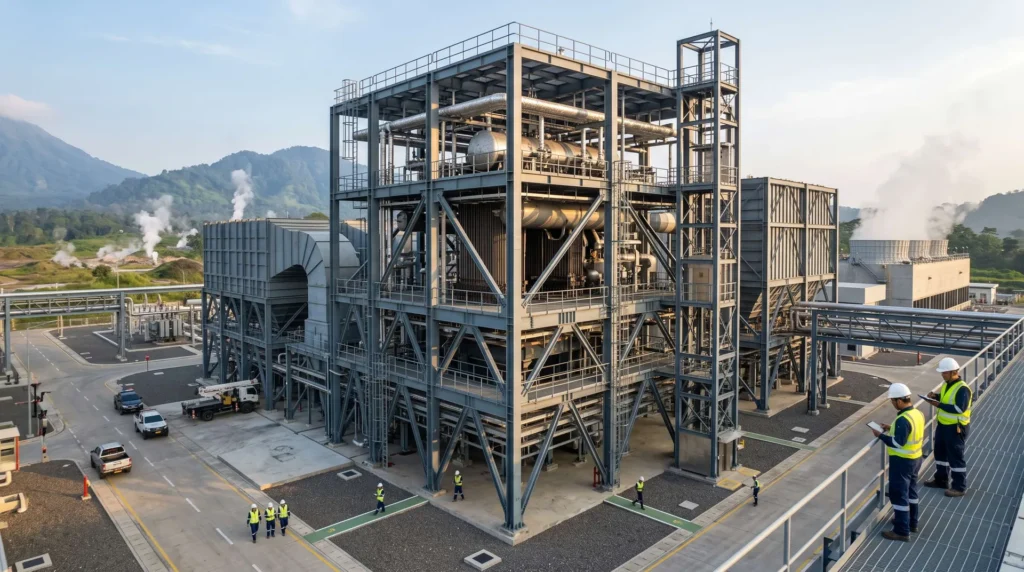 55-Meter Heavy Industrial Boiler Steel Structure in Indonesia: Seismic Ring-of-Fire Rigidity, Geothermal H2S Anti-Corrosion, and Turnkey COD Delivery