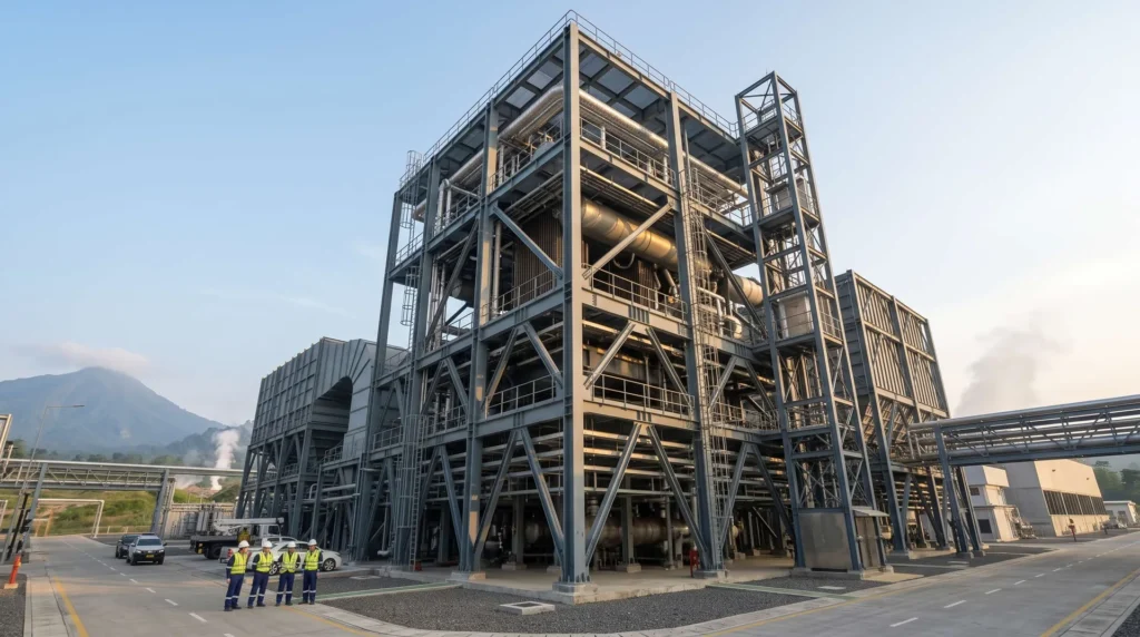 55-Meter Heavy Industrial Boiler Steel Structure in Indonesia: Seismic Ring-of-Fire Rigidity, Geothermal H2S Anti-Corrosion, and Turnkey COD Delivery