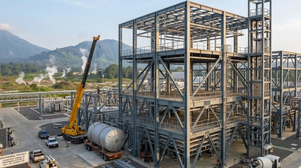 55-Meter Heavy Industrial Boiler Steel Structure in Indonesia: Seismic Ring-of-Fire Rigidity, Geothermal H2S Anti-Corrosion, and Turnkey COD Delivery