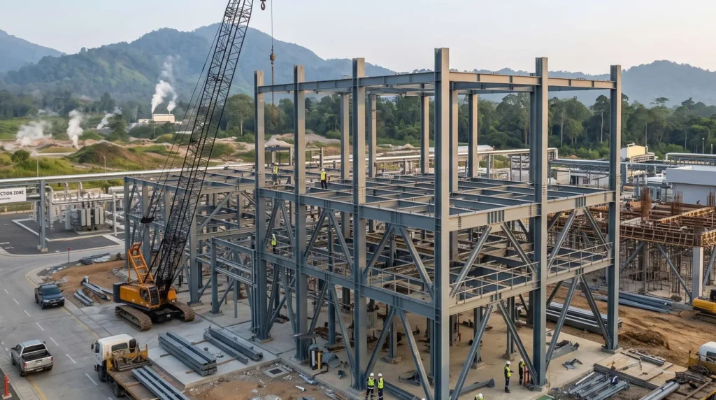 55-Meter Heavy Industrial Boiler Steel Structure in Indonesia: Seismic Ring-of-Fire Rigidity, Geothermal H2S Anti-Corrosion, and Turnkey COD Delivery