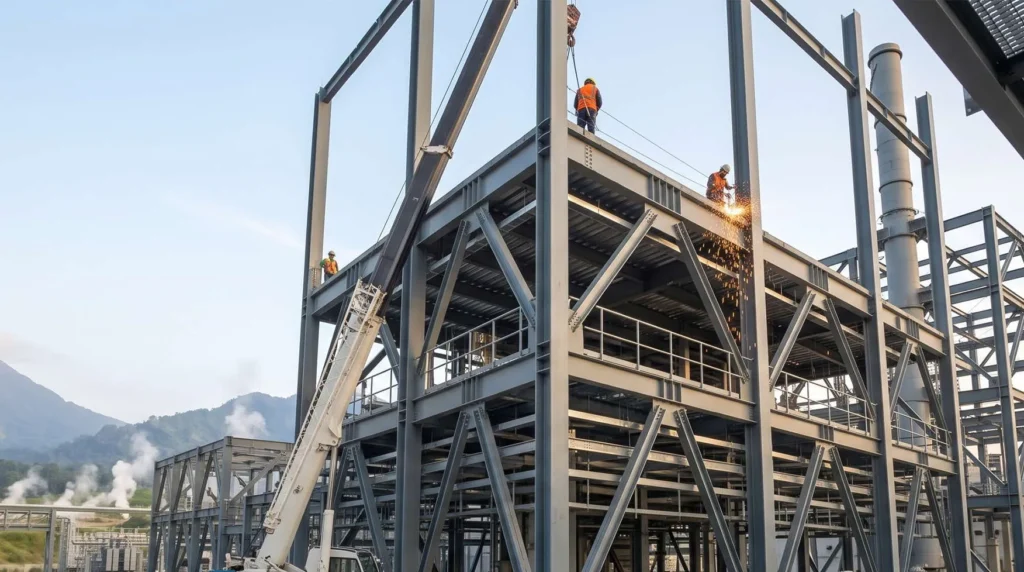 55-Meter Heavy Industrial Boiler Steel Structure in Indonesia: Seismic Ring-of-Fire Rigidity, Geothermal H2S Anti-Corrosion, and Turnkey COD Delivery
