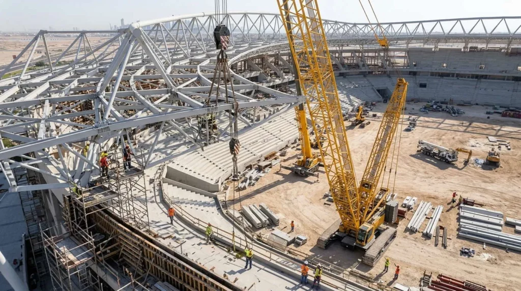 48,000 sqm Cantilevered Space Frame Stadium Canopy in Qatar: Sub-Millimeter Ball-Joint Precision and Deflection Control