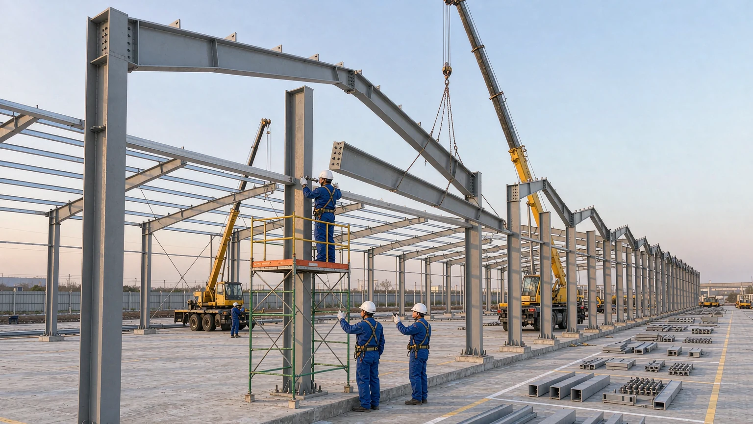 Prefabricated steel warehouse Indonesia project: portal frame columns on base plates with anchor bolts, bolted rafter end plates and purlin rows during erection