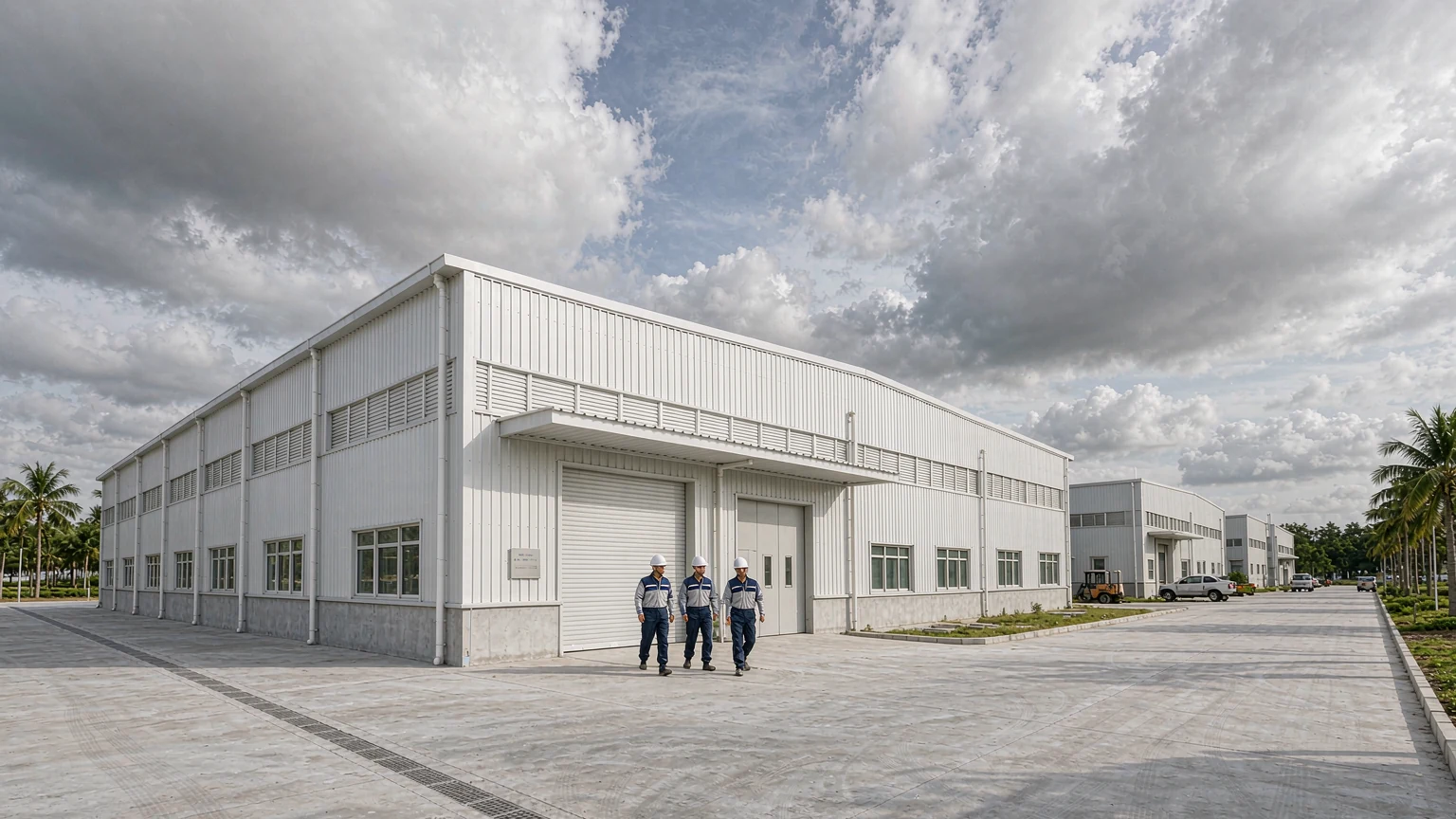 Completed prefabricated steel warehouse with clean profiled roof and wall cladding