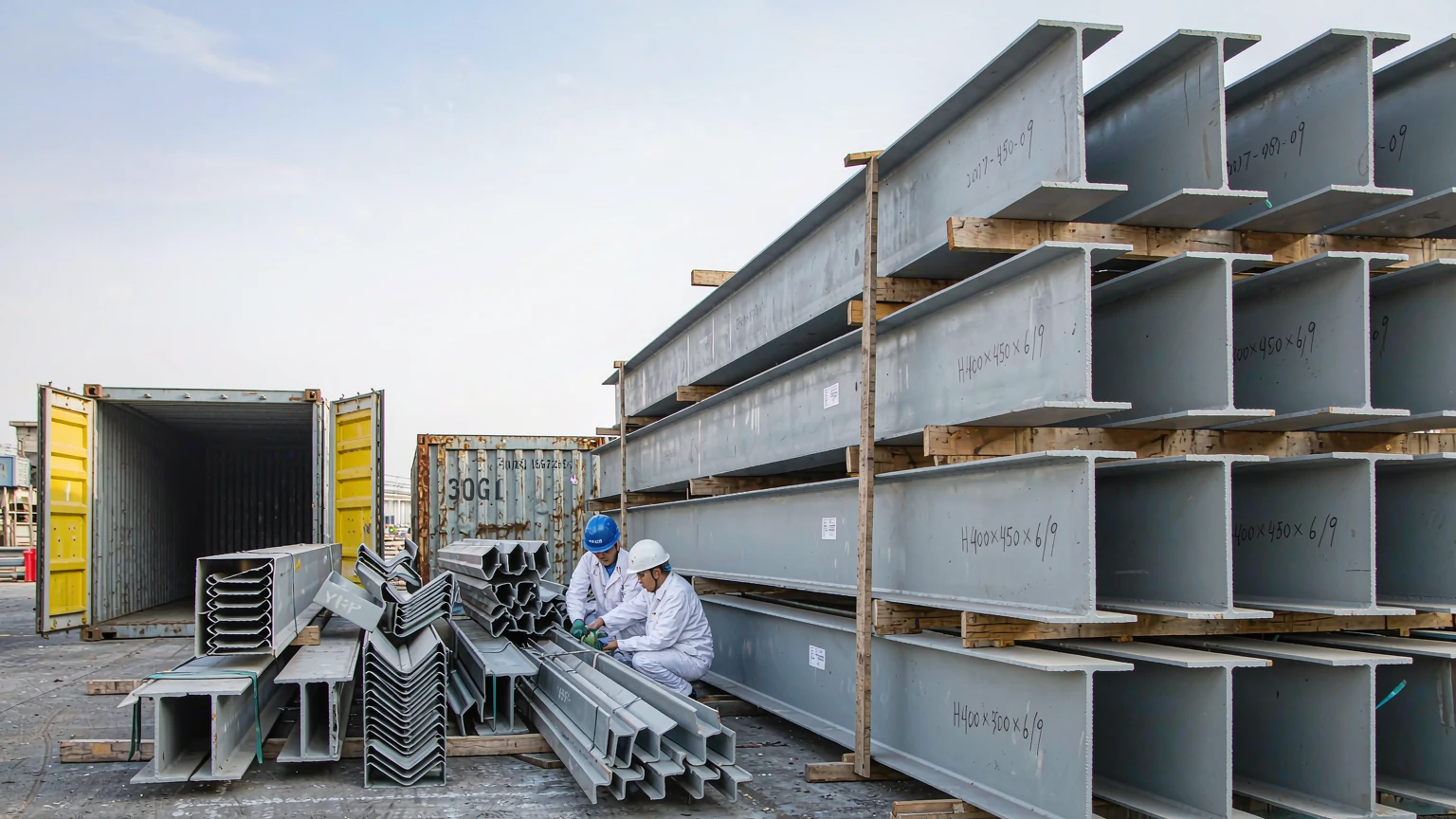 Export-packed grey-primed end-plated H-sections and bundled cold-formed C/Z purlins staged for container loading