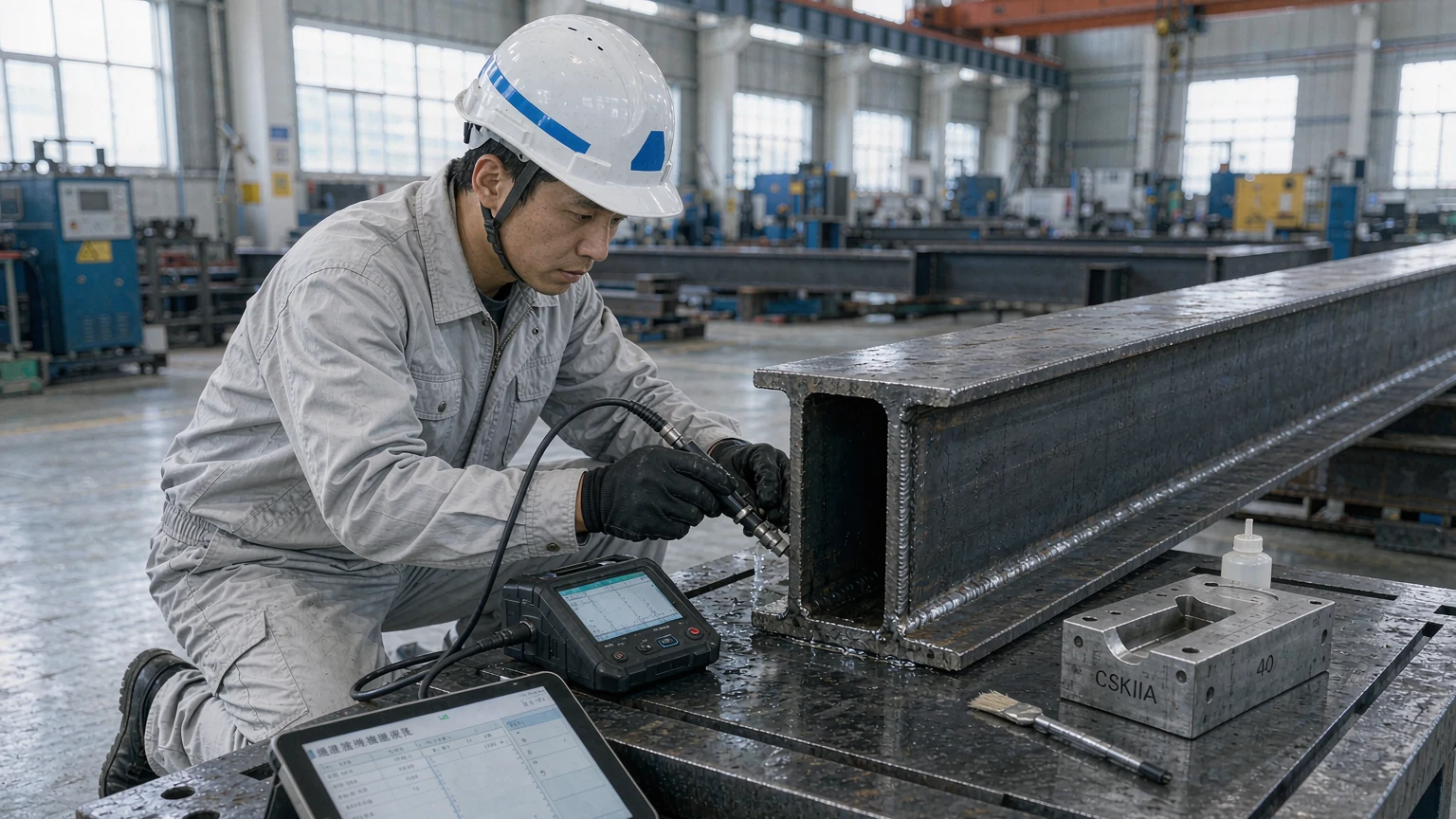 Inspector in clean coverall, safety helmet and gloves performing ultrasonic NDT on a welded joint with calibration block and report tablet