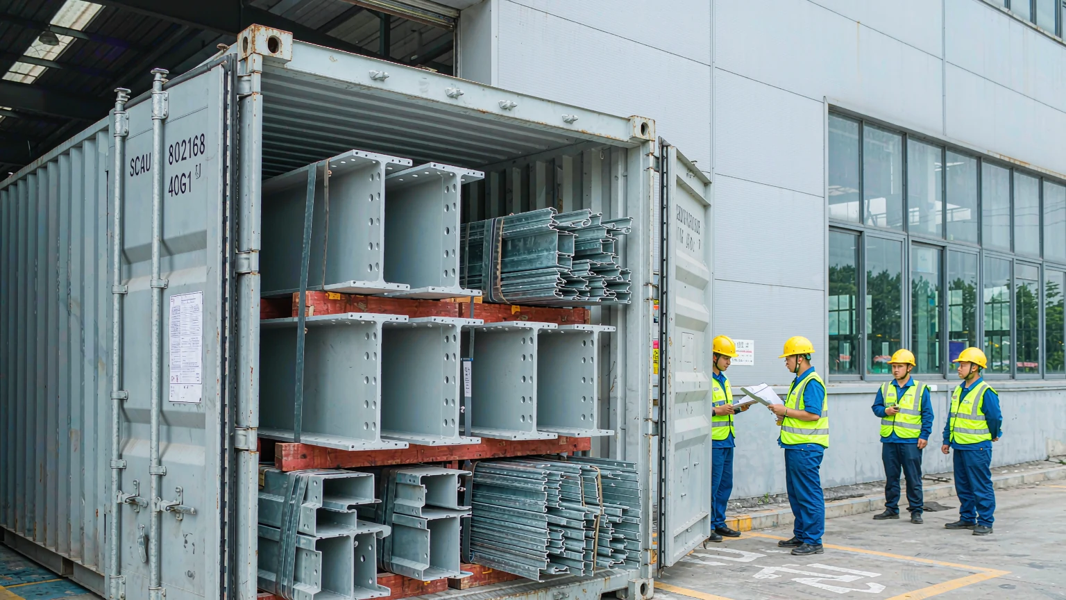 Grey-primed H-sections with welded end plates and bundled purlins stowed in a 40 ft container